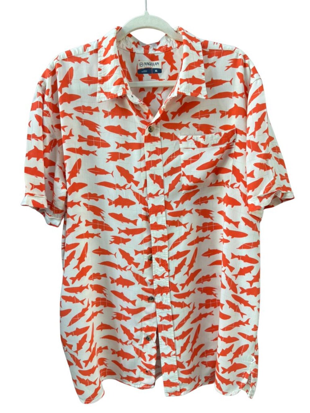 Magellan Outdoors Fish Print Button Front Camp Shirt Men's XL Orange Fishing